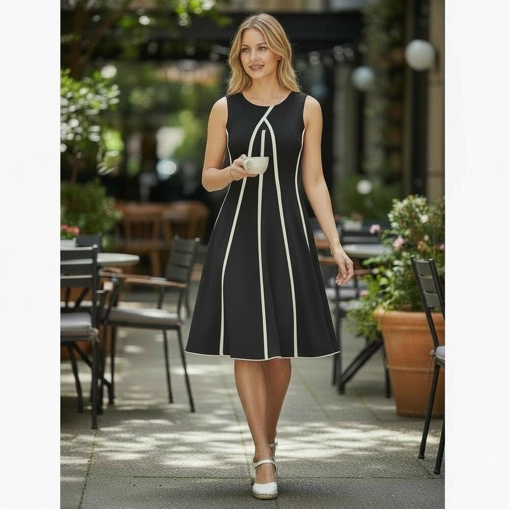 Gabby Skye womens black fit flare dress white stripe detail.  Size 4. keyhole